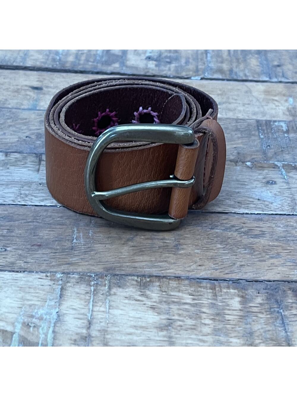 Vintage Gap Brown Leather Belt Women's S Pink Embroidered Bronze Colored Buckle
